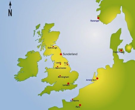 Sunderland maps. Position of Sunderland, UK and Europe